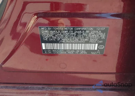 2008 Lexus Es 350 from USA, damaged, VIN JTHBJ46GX82204692